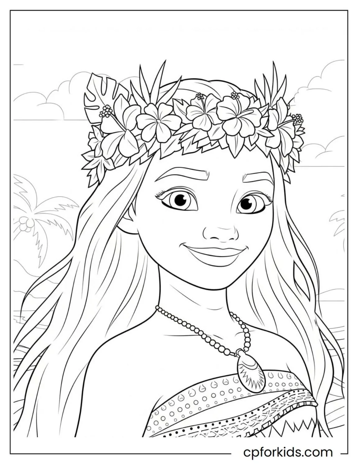 A printable PDF coloring page for girls featuring the beautiful princess Moana with a crown of flowers.