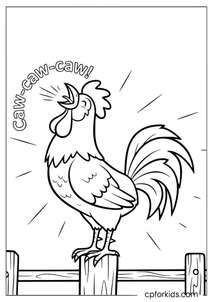 A funny rooster with an open beak crowing as the morning sun rises