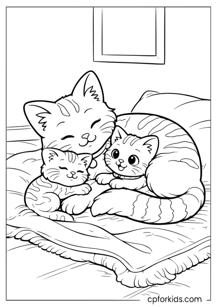 Mother cat with kittens resting in a cozy corner coloring page