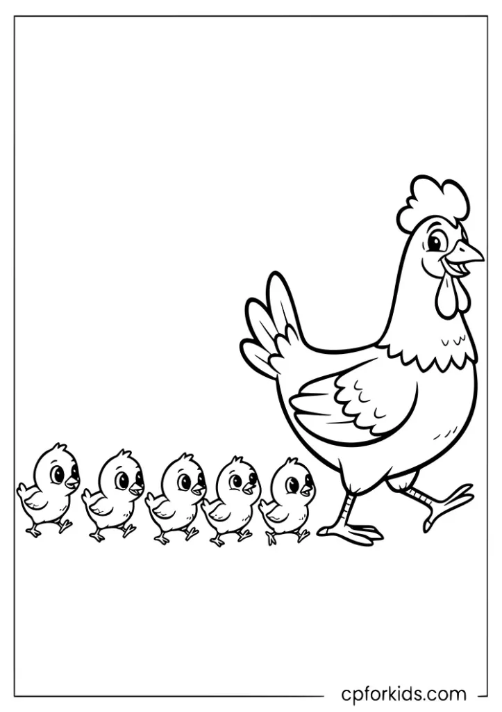 Mother hen walking with her baby chicks coloring page