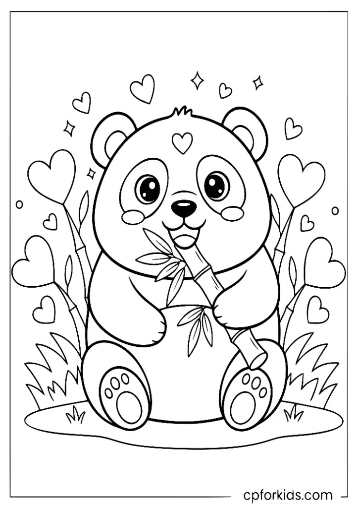 Fluffy panda enjoying bamboo snack, bamboo grove coloring page.