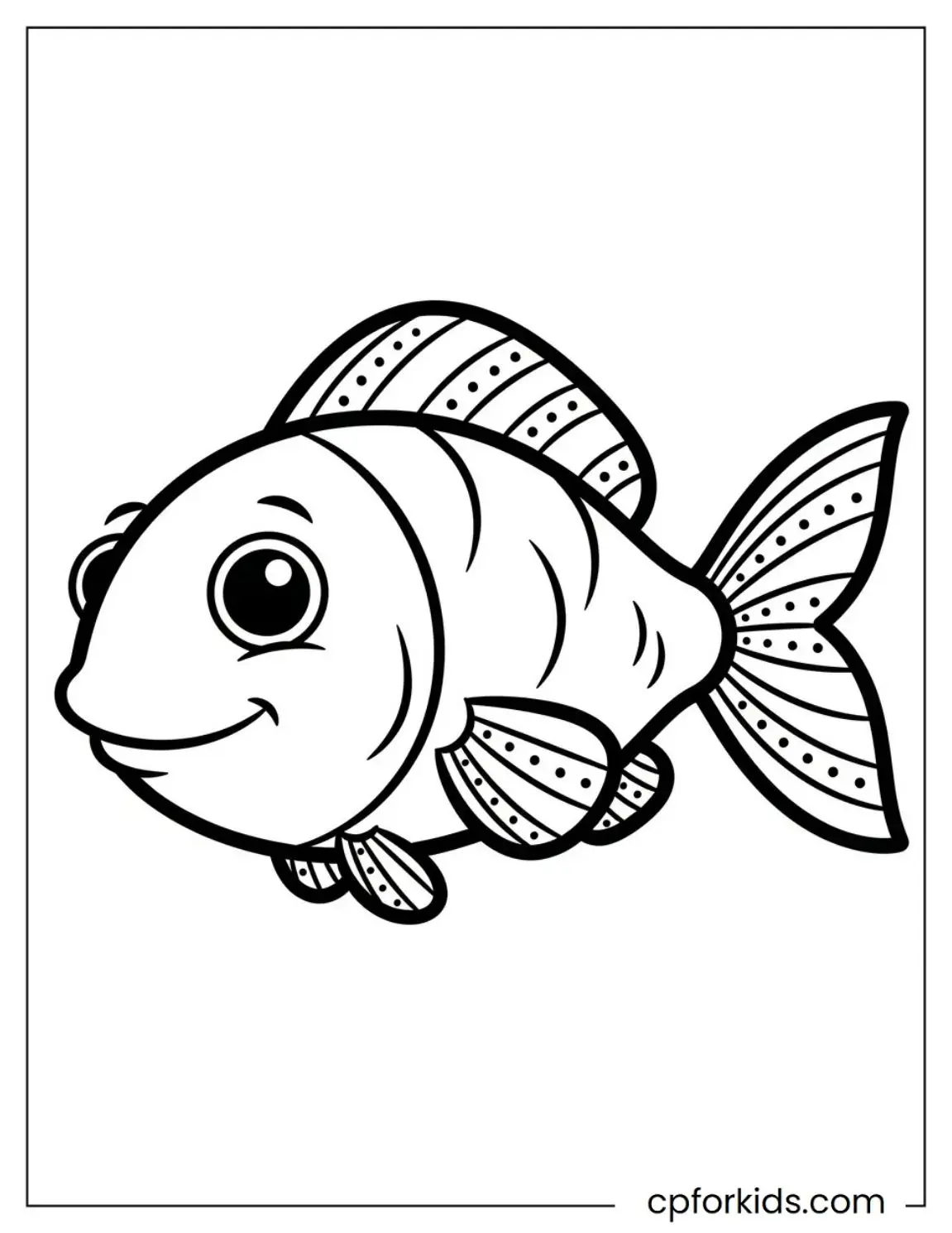 Smiling fish with patterned fins and tail