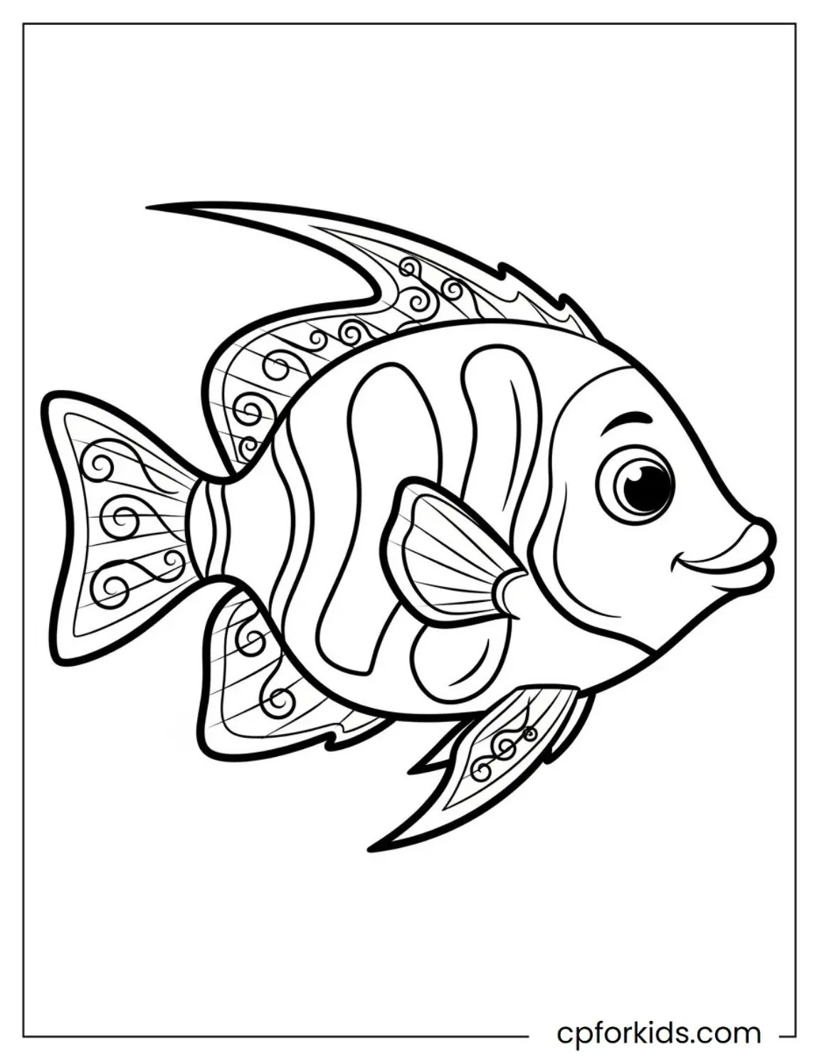 Tropical fish with broad patterned fins and tail