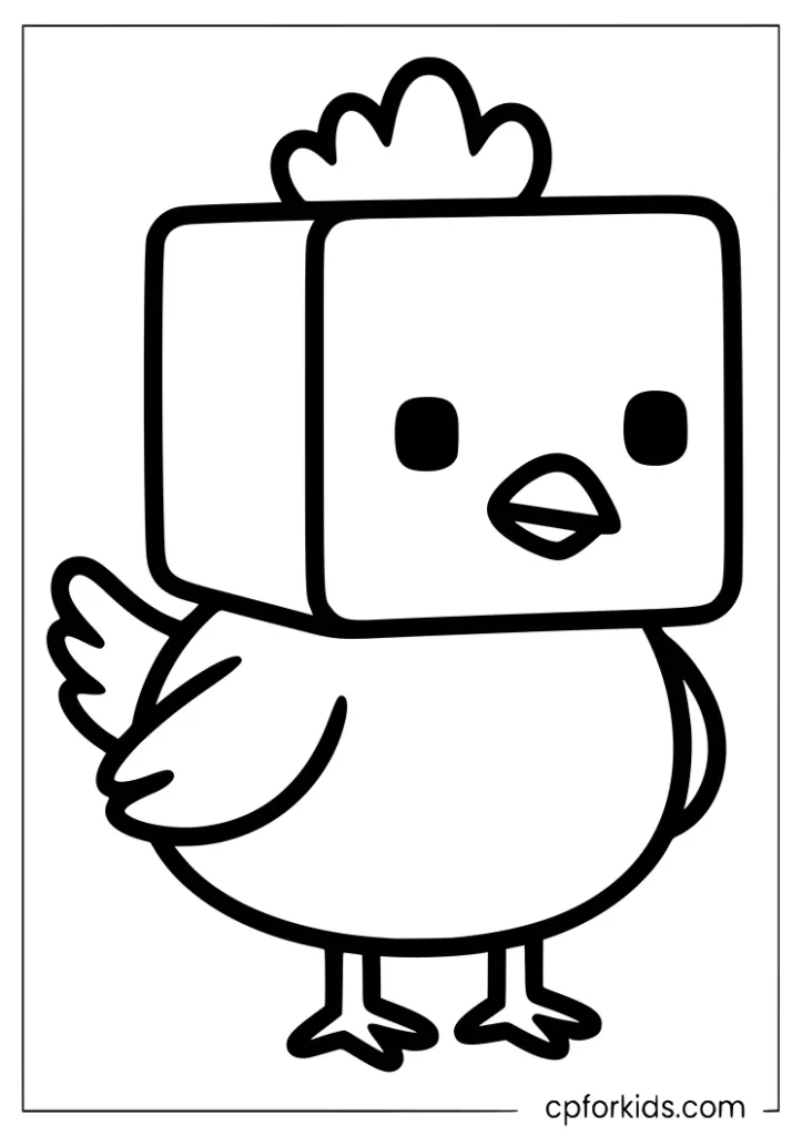 Pixel art style blocky chicken coloring page