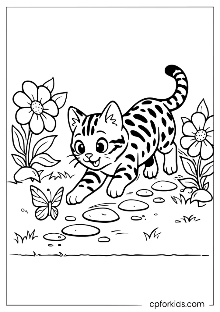 Bengal kitten chasing a butterfly in a garden coloring page
