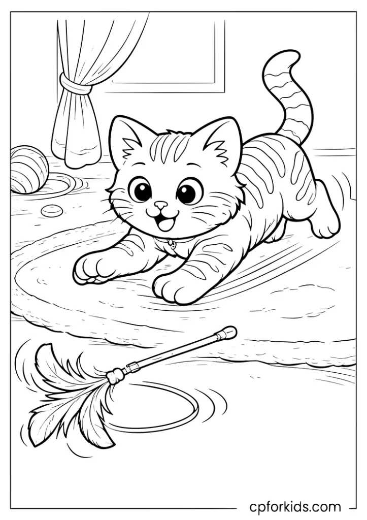 Kitten pouncing on a feather toy coloring page