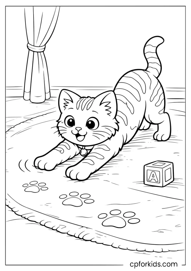 Stretching cat with paw prints and toys coloring page