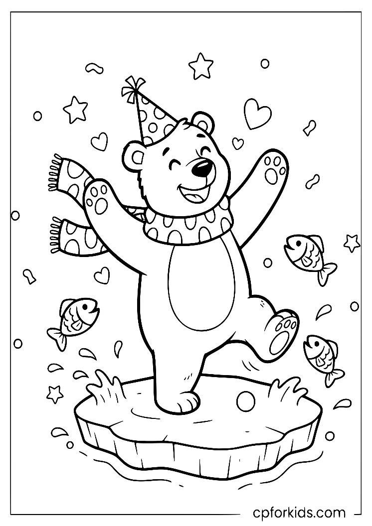 Cheerful polar bear playing in the snow with winter details
