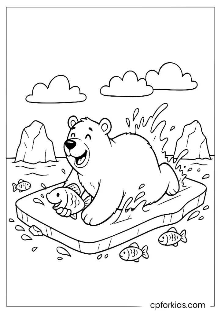 Playful polar bear on ice, free PDF printable coloring page.