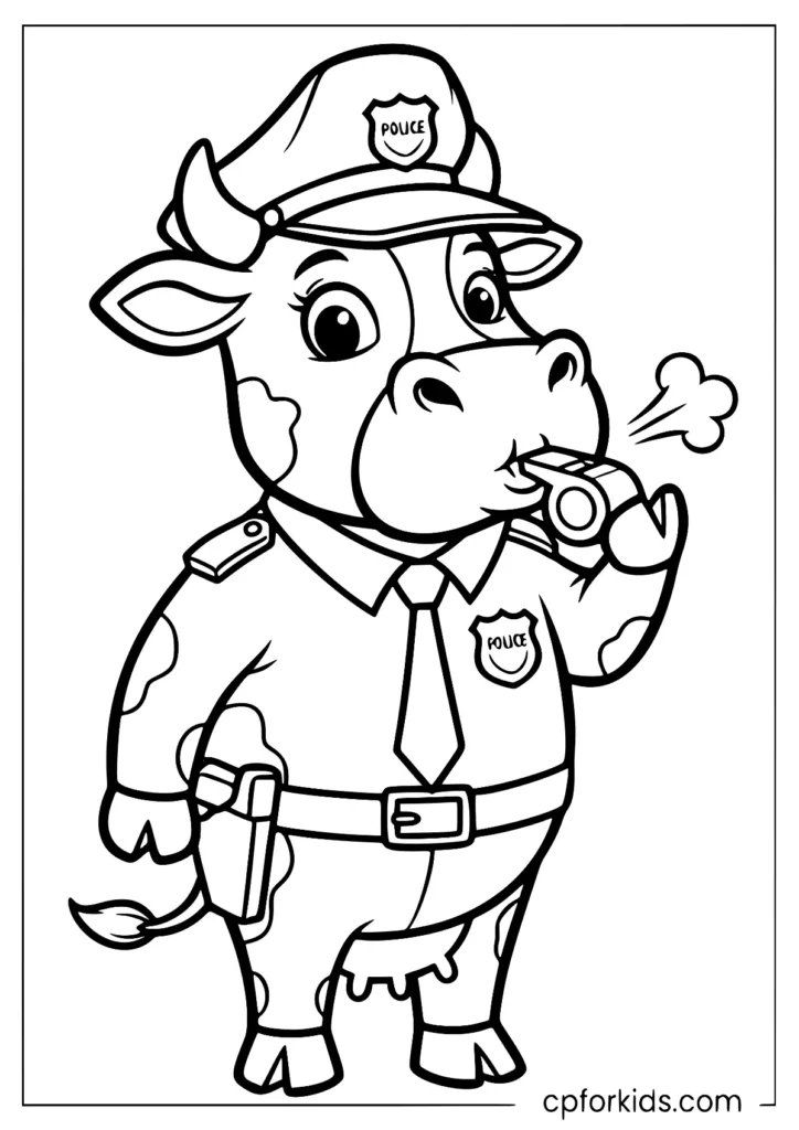 Cartoon drawing of a police officer cow in a police officer costume with a whistle in her mouth directing traffic.