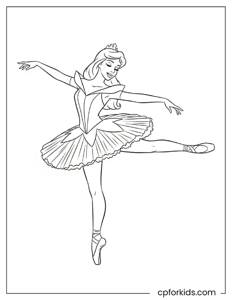 Easy to color PDF drawing of the beautiful princess Aurora (Sleeping Beauty) performing at the ball in her ballerina outfit.