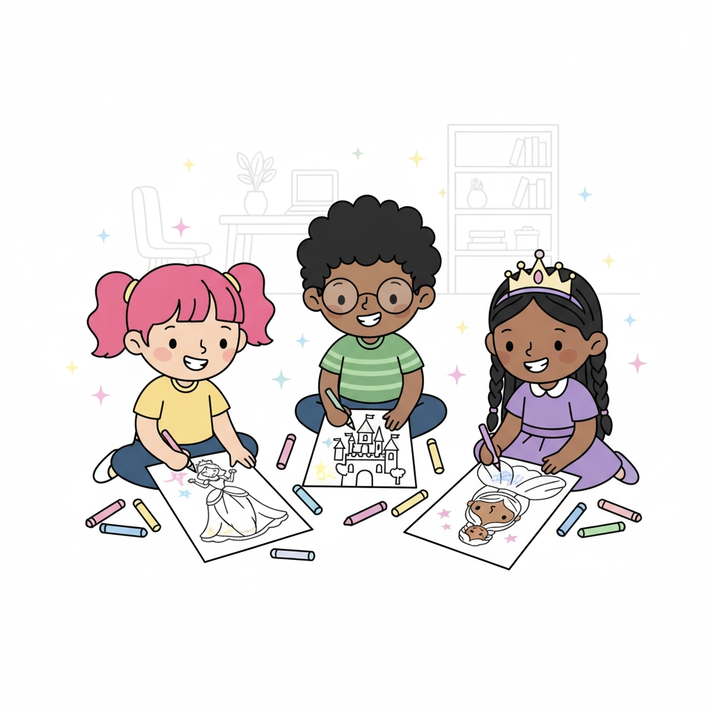 An image of a girl coloring a beautiful princess with a crown and a sparkling dress, illustrating our general collection of princess coloring pages.