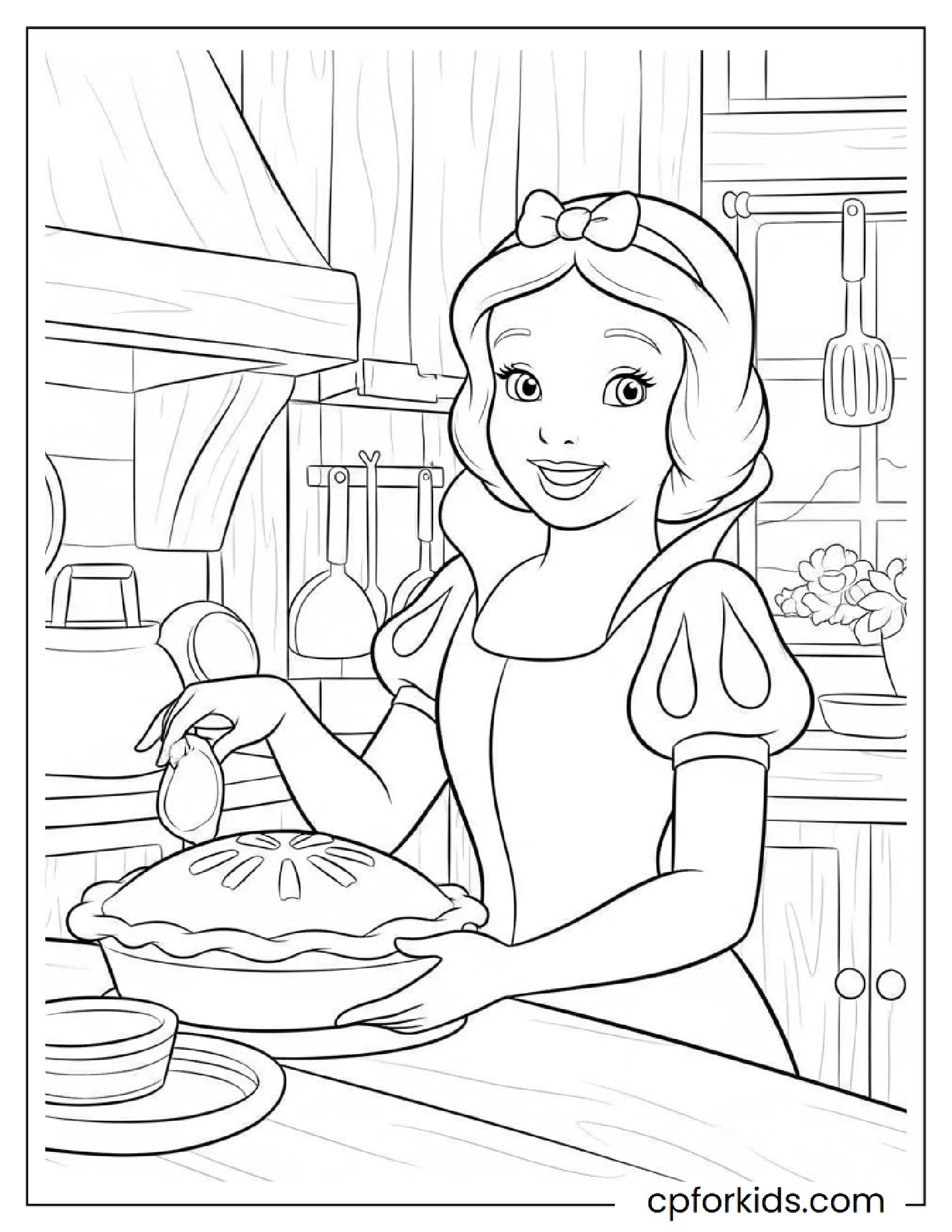 For those looking for a peaceful and easy activity, here is a drawing of the beautiful Snow White baking a cake in the kitchen.