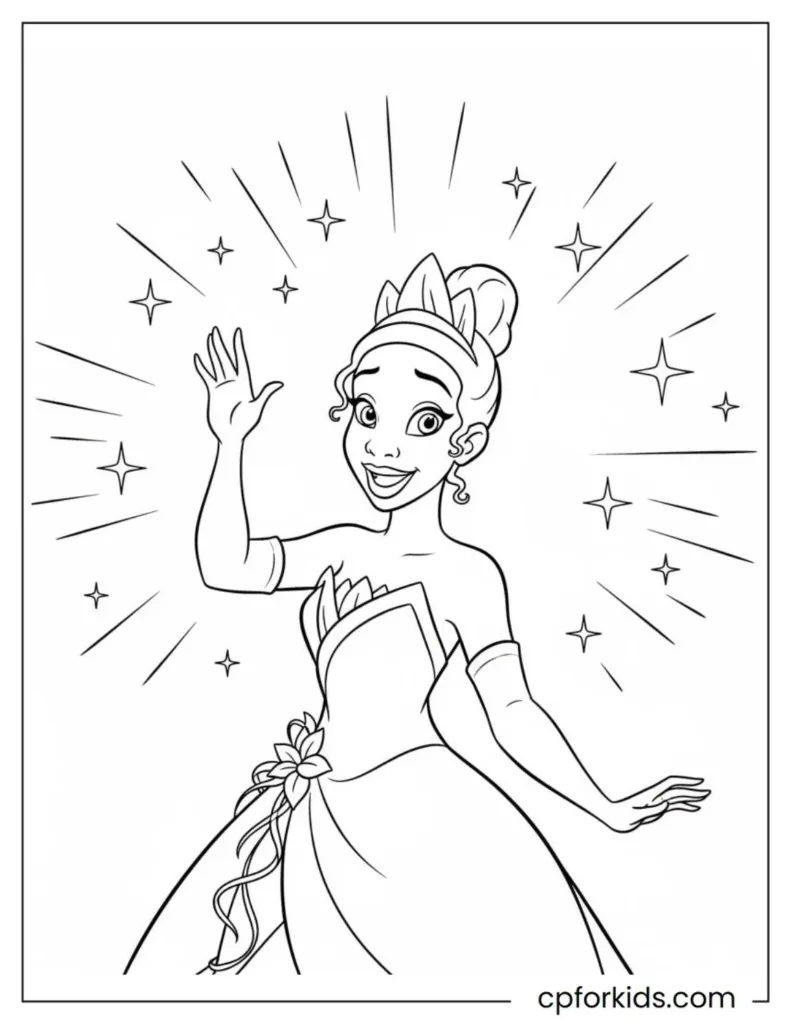 Printable Princess Tiana Coloring Page for kids waving among the stars and sparkles.