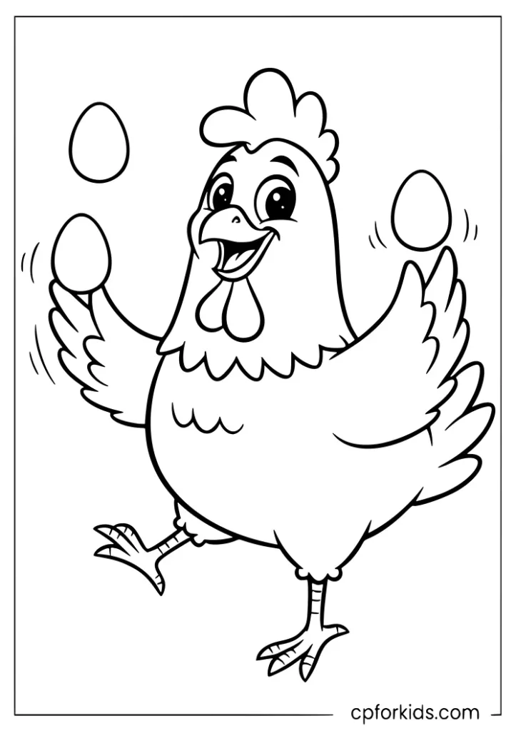 Funny chicken juggling eggs like a circus performer coloring page
