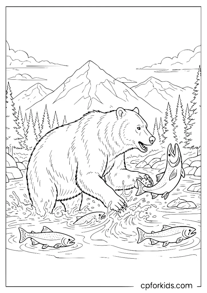 Brown bear fishing in a rushing river, nature-inspired printable.