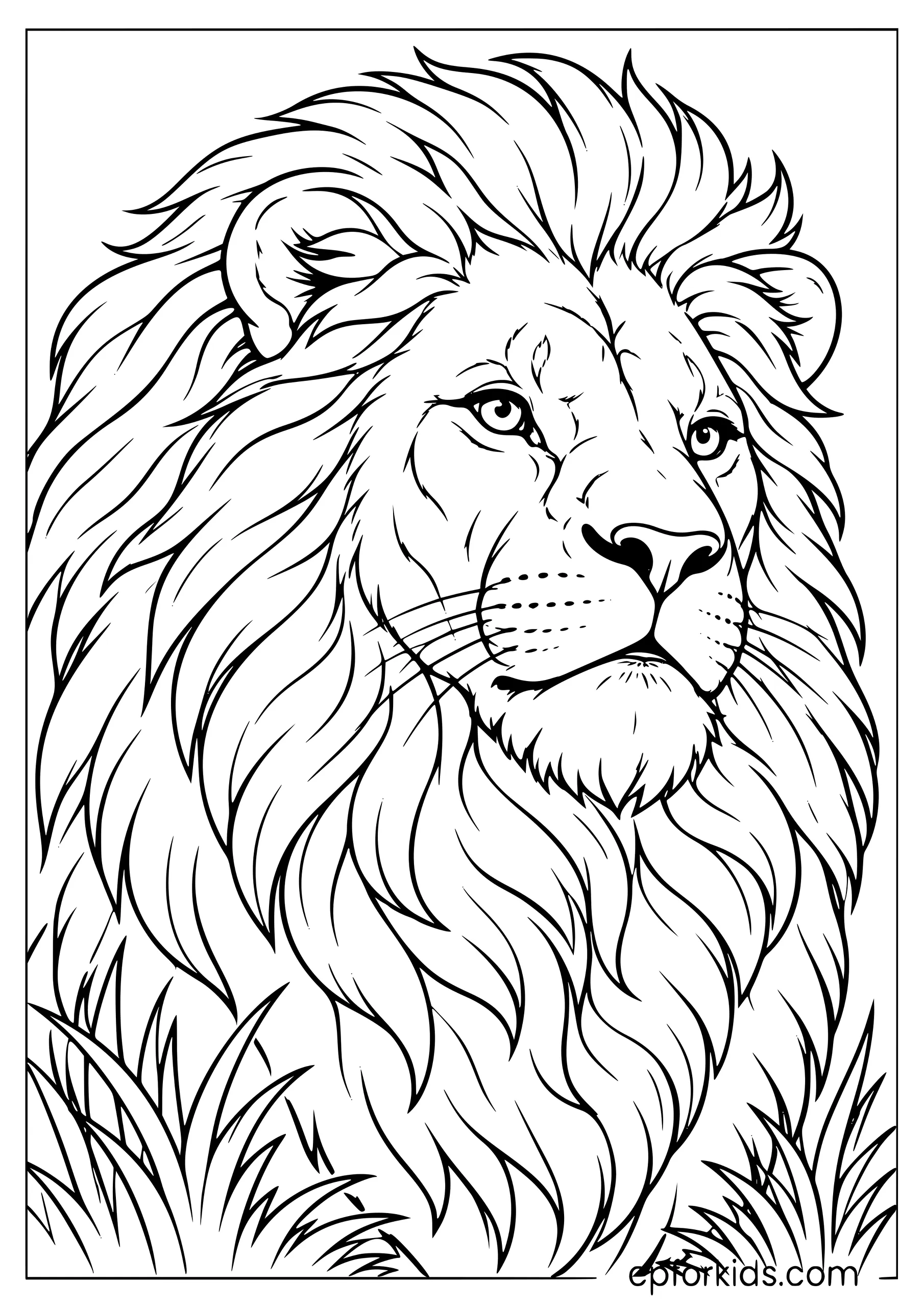 Realistic lion portrait with a broad layered mane