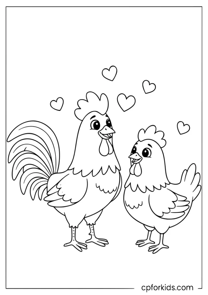 Rooster and hen with hearts coloring page