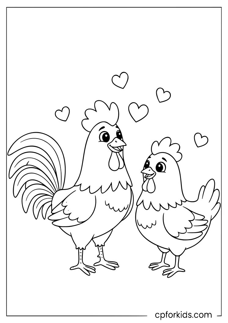 Rooster and hen with hearts