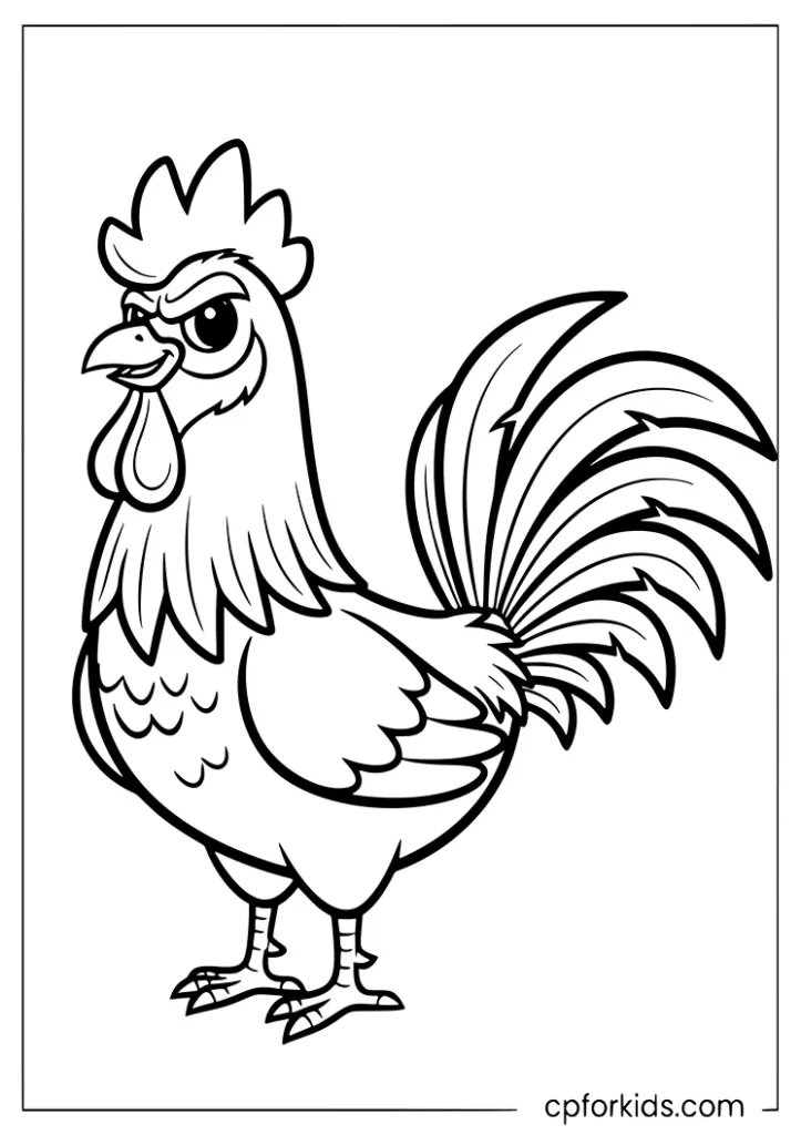 Majestic rooster standing upright in a simple cartoon style