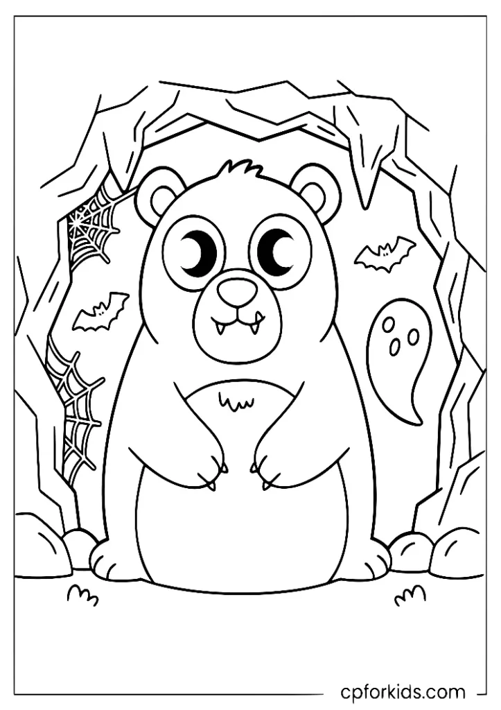 Fun scary bear in a cave coloring page with bold outlines