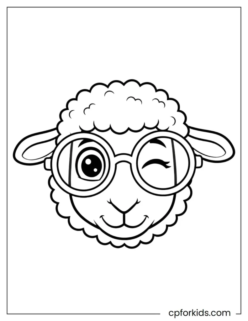 An easy-to-color portrait drawing of a sheep wearing sunglasses and winking.