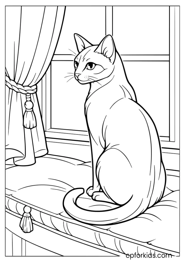 Siamese cat sitting on a window seat coloring page