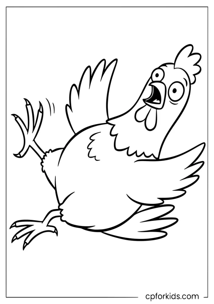 Funny confused chicken coloring page with a clumsy pose