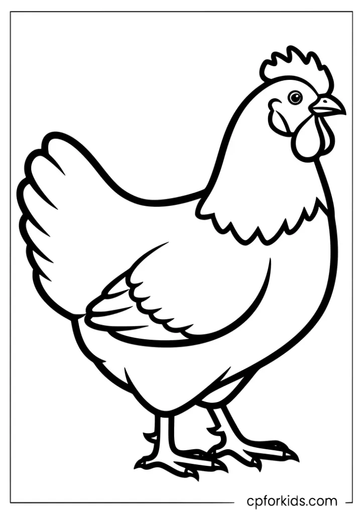 Simple chicken coloring page with bold outlines, standing in a side view