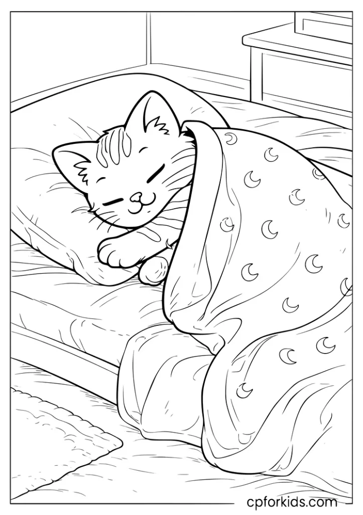 Sleeping cat on a pillow under a blanket coloring page.