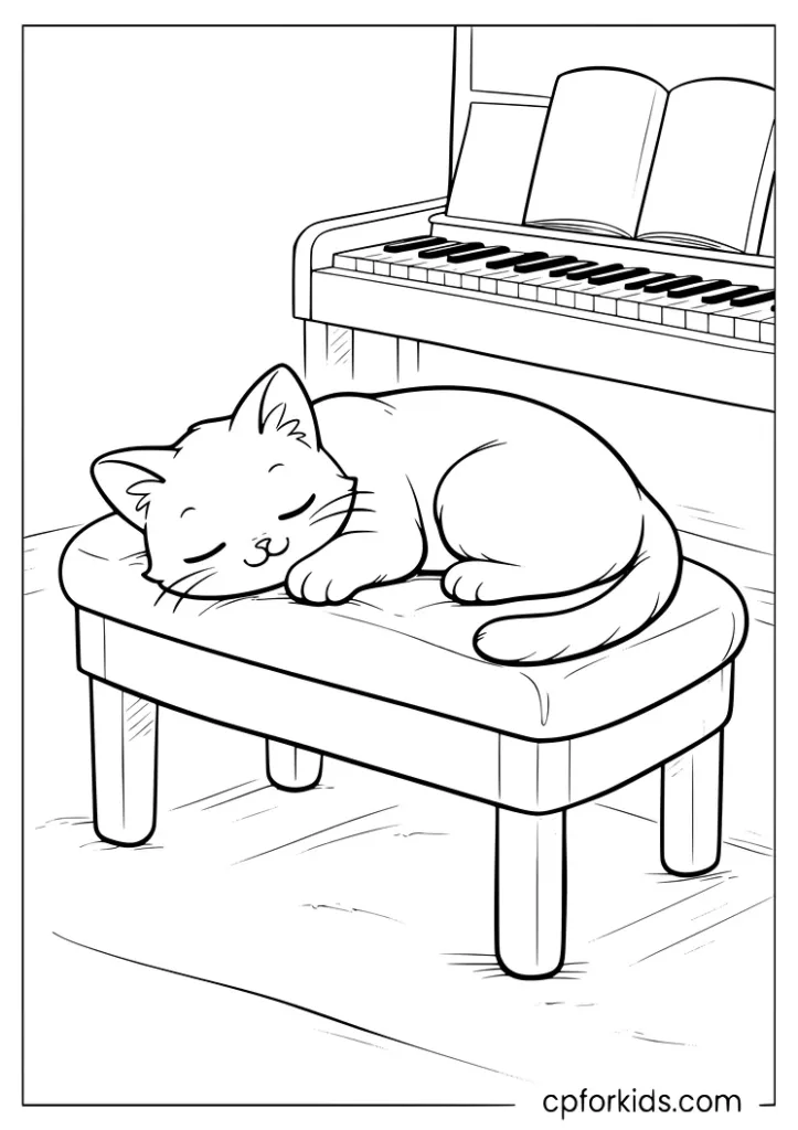 Sleepy Siamese kitten dozing on a piano bench coloring page.