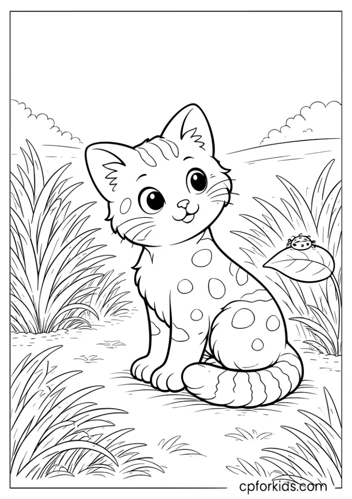 Spotted kitten sitting in tall grass coloring page.