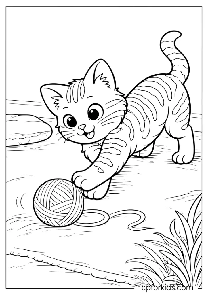 Striped tabby kitten playing with a ball of yarn coloring page