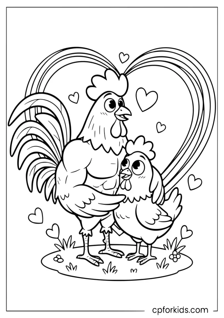 Strong rooster hugging a hen coloring page
