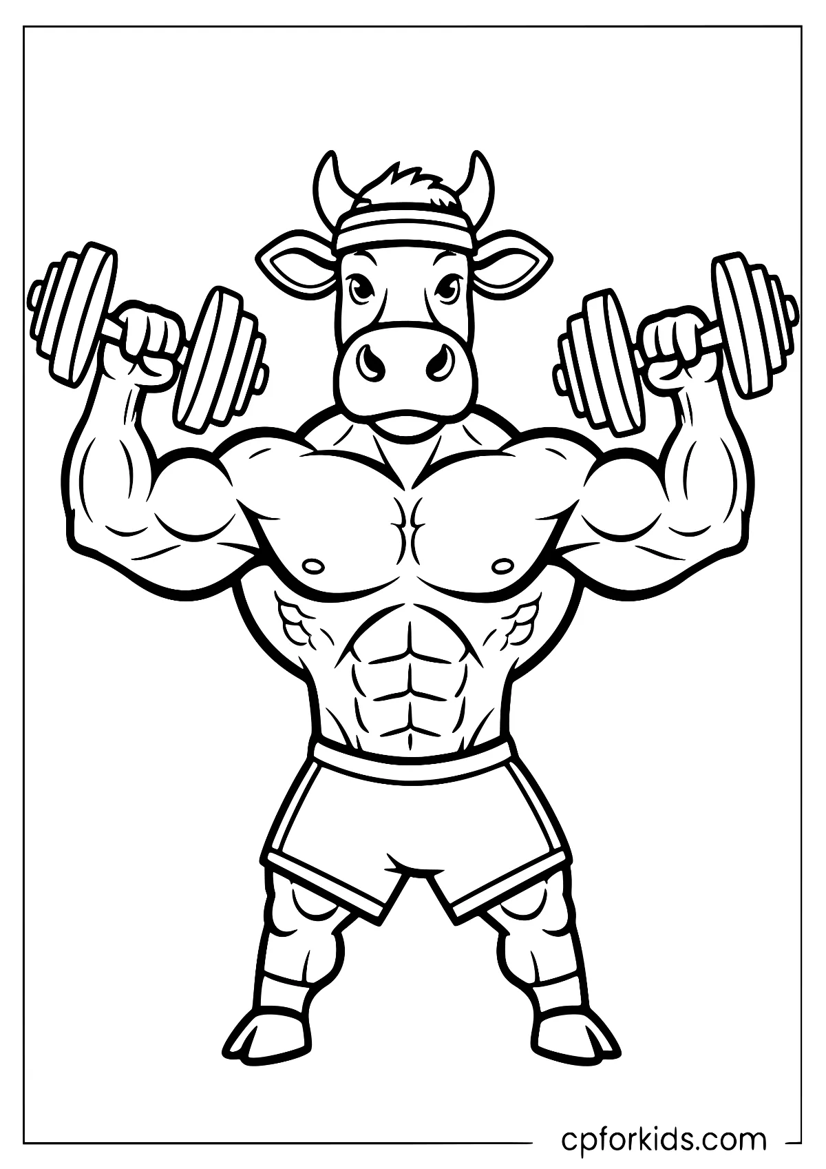 Muscular cow lifting two heavy dumbbells