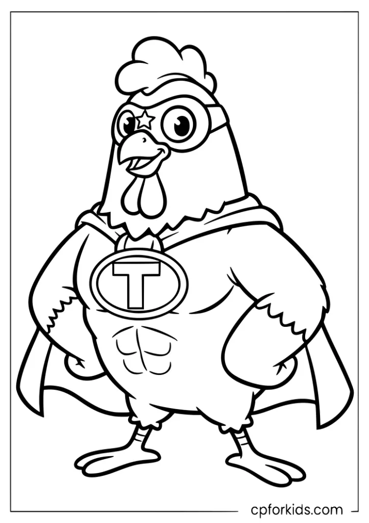 Superhero chicken with cape and mask coloring page
