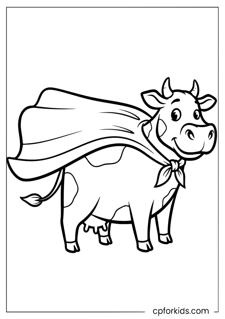 Funny cow drawing with a superhero cape that brings joy to enemies and fear to friends.