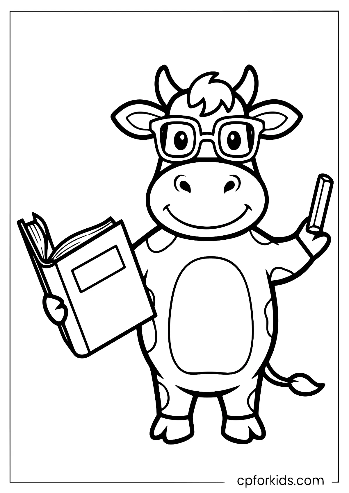 Cow dressed as a teacher holding a book and chalk