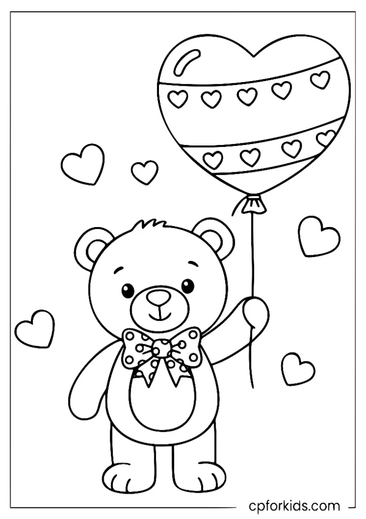 Loving teddy bear with heart, kid's Valentine printable.