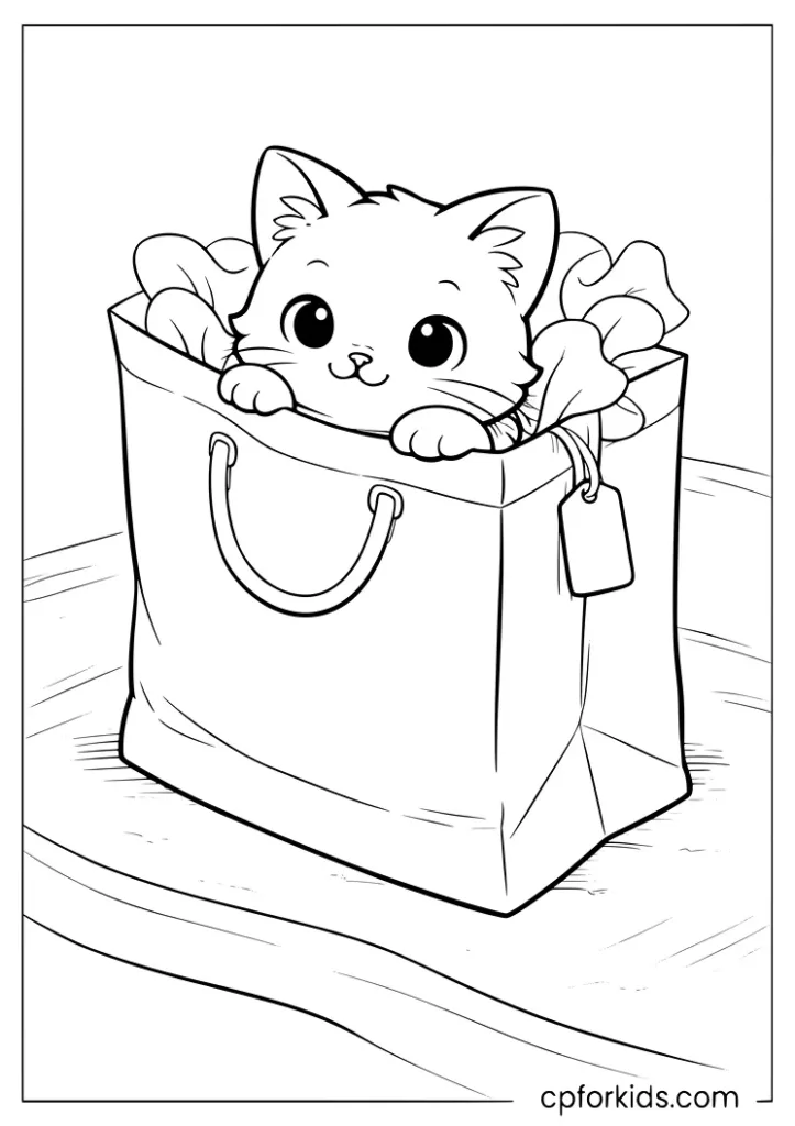 Tiny black and white kitten peeking out of a paper bag coloring page.