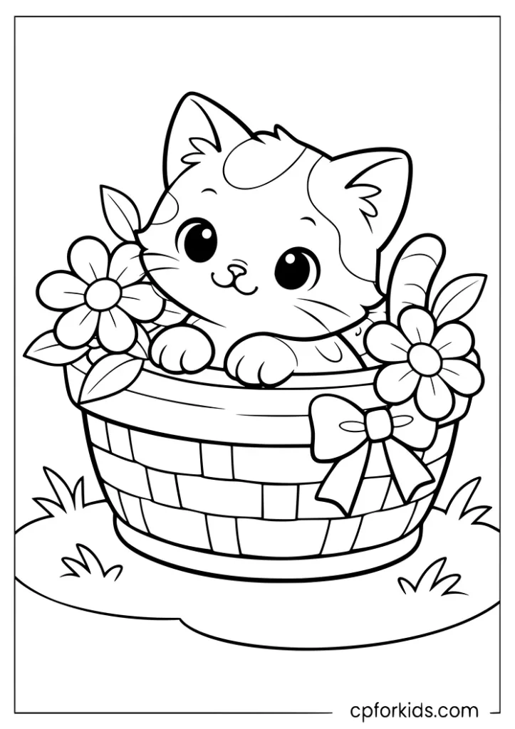 Tiny calico kitten sitting inside a flower basket coloring page for preschoolers