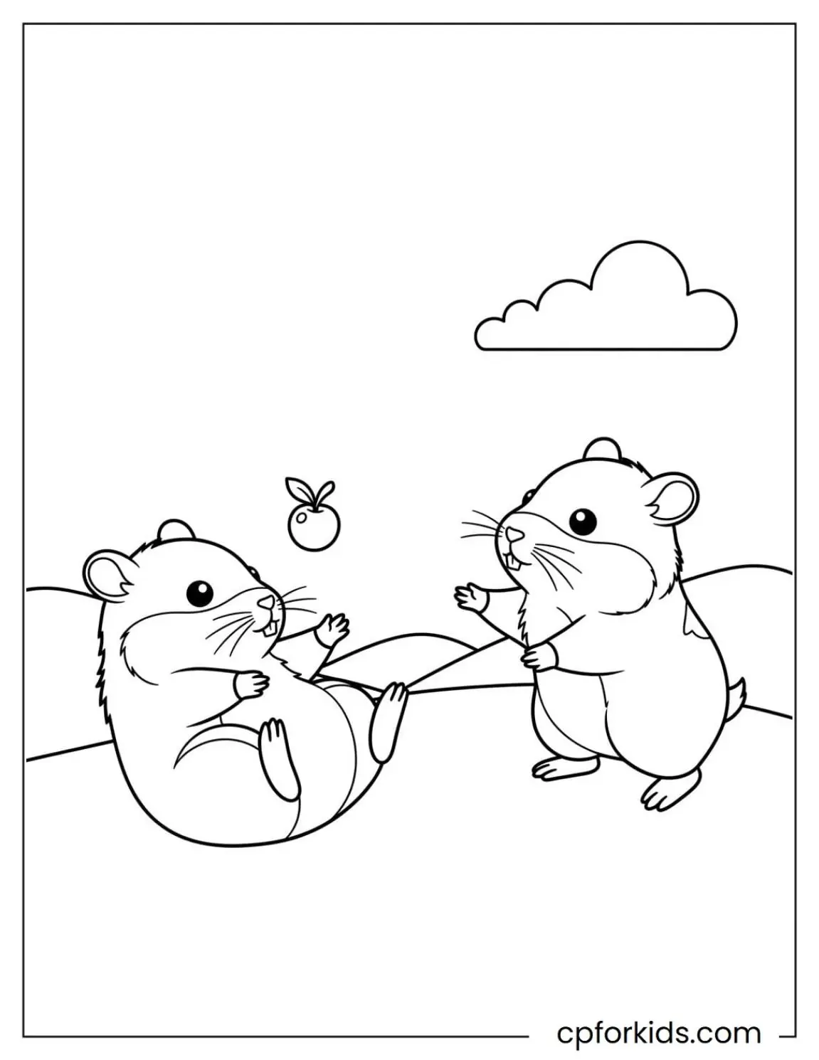 Two hamsters playing together on grassy ground