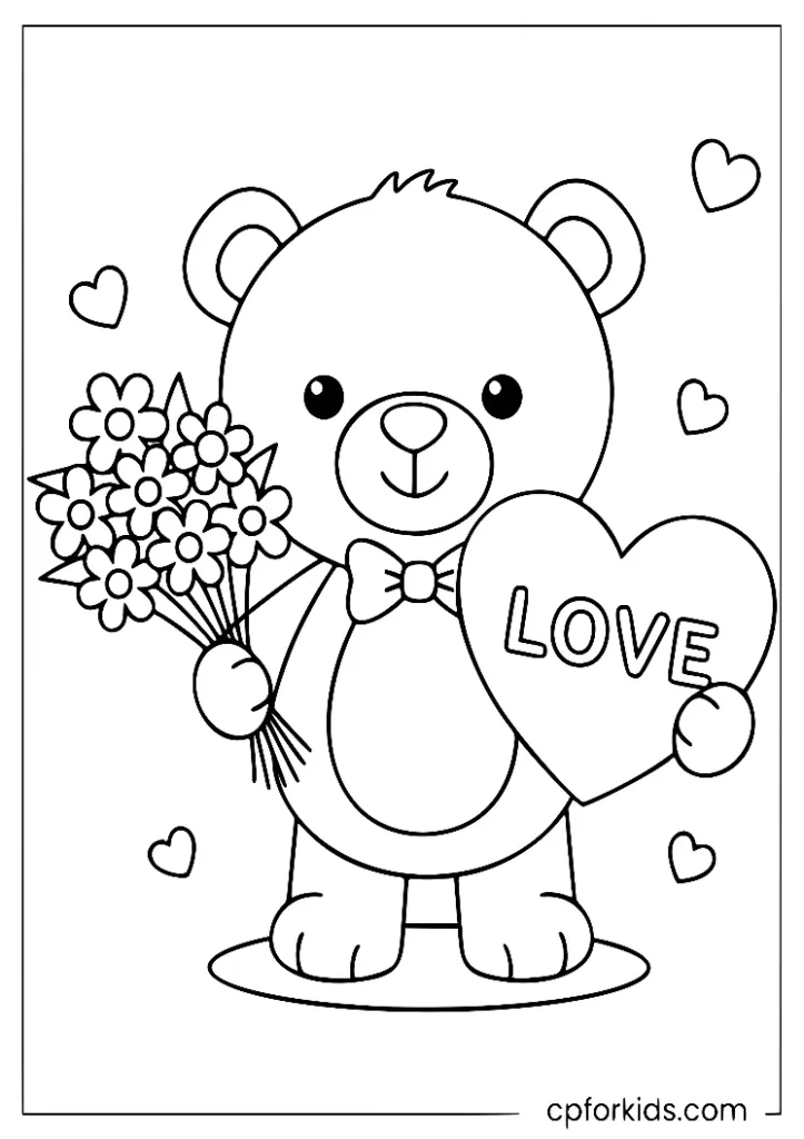 Lovey-dovey bear with Valentine's gifts, holiday coloring delight.