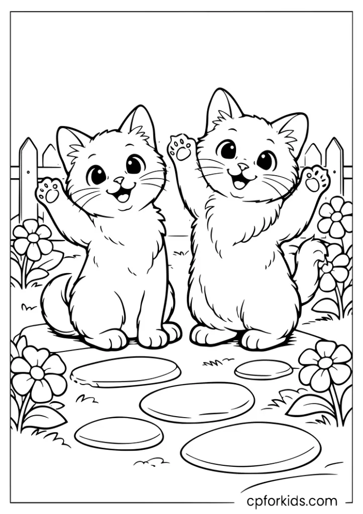 Two kittens waving in a garden coloring page