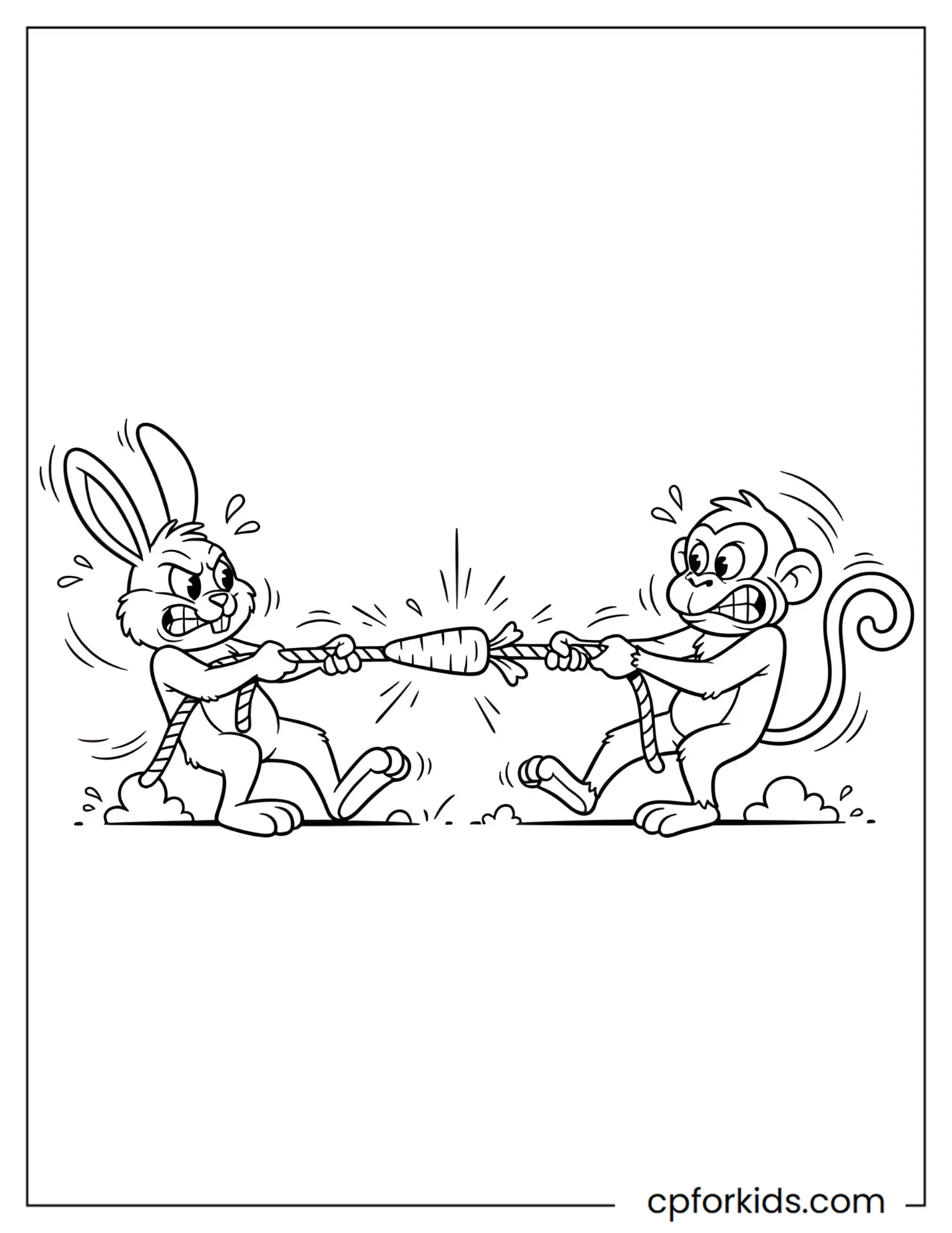 Bunny and monkey pulling opposite ends of rope