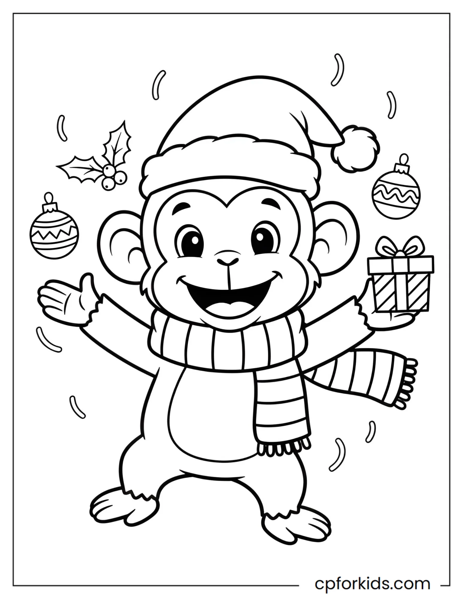 Monkey wearing a Santa hat and striped scarf