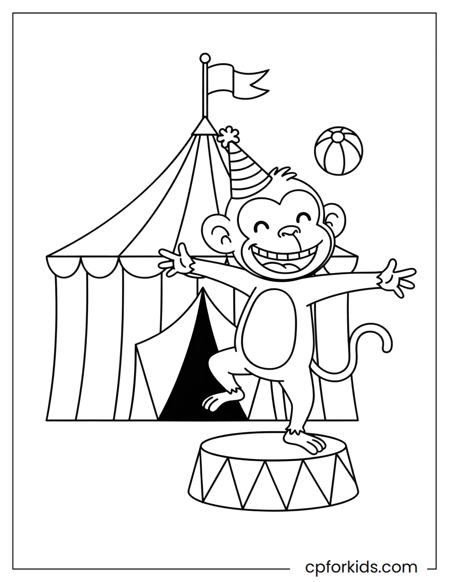 Circus monkey wearing tiny hat beside large ball