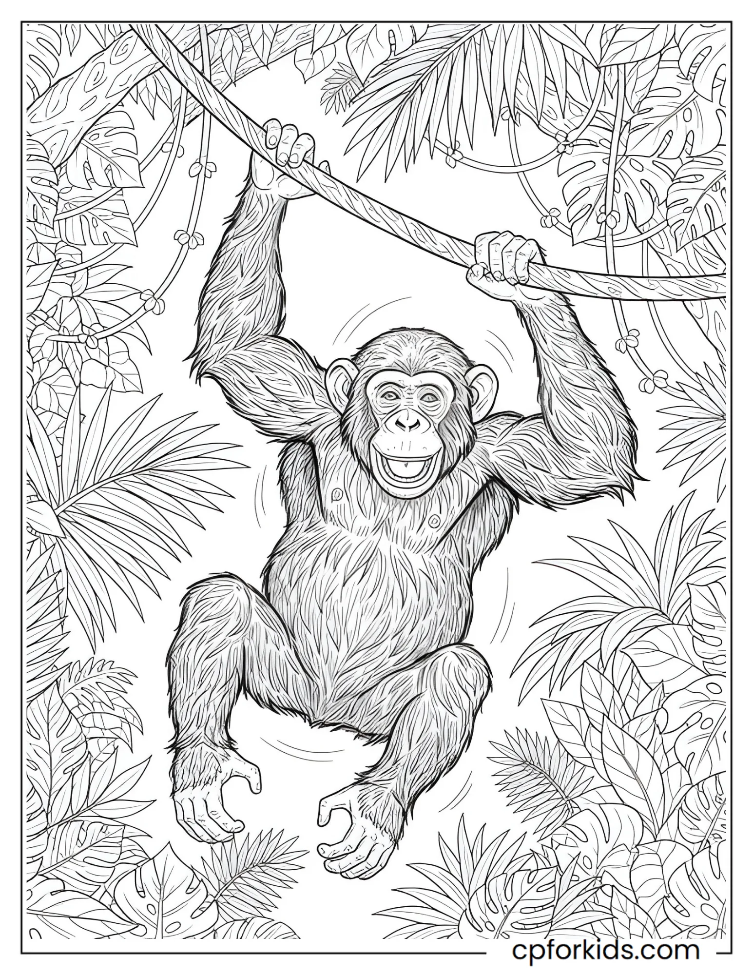 Chimpanzee swinging between two leafy tree branches