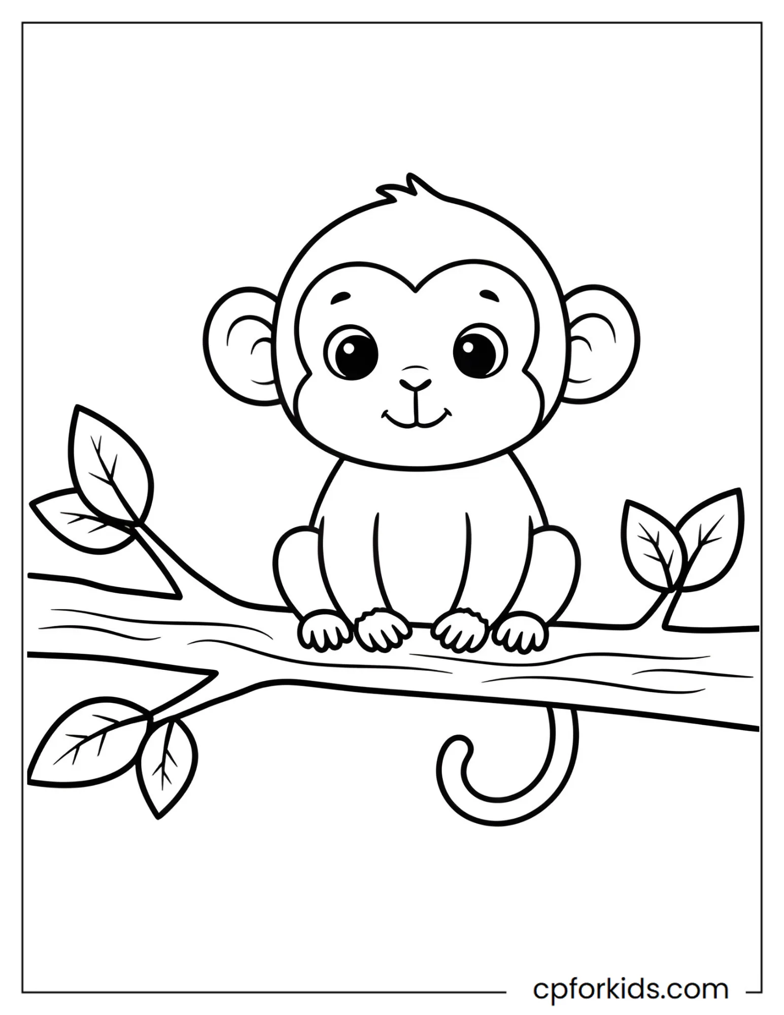 Baby monkey sitting upright on a tree branch
