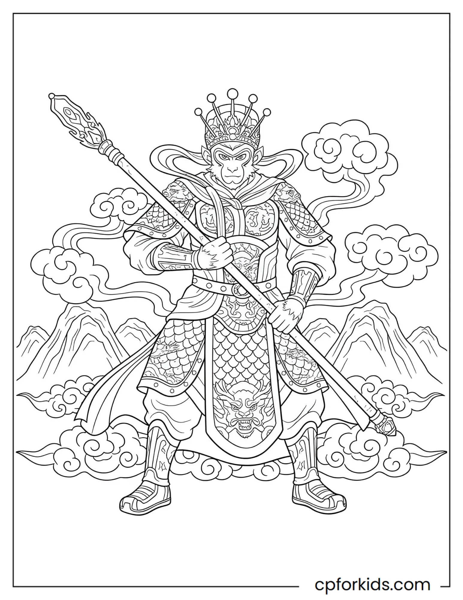 Monkey King standing with staff and simple clothing